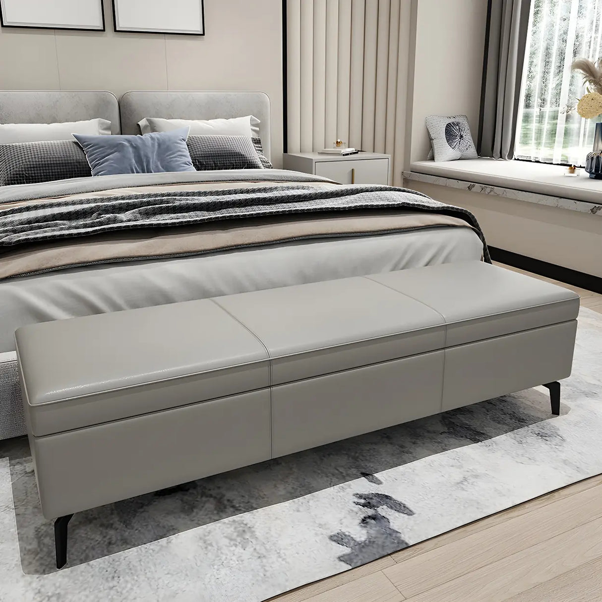 Light Gray Faux Leather Flip Top Storage Bedroom Bench Image - 7