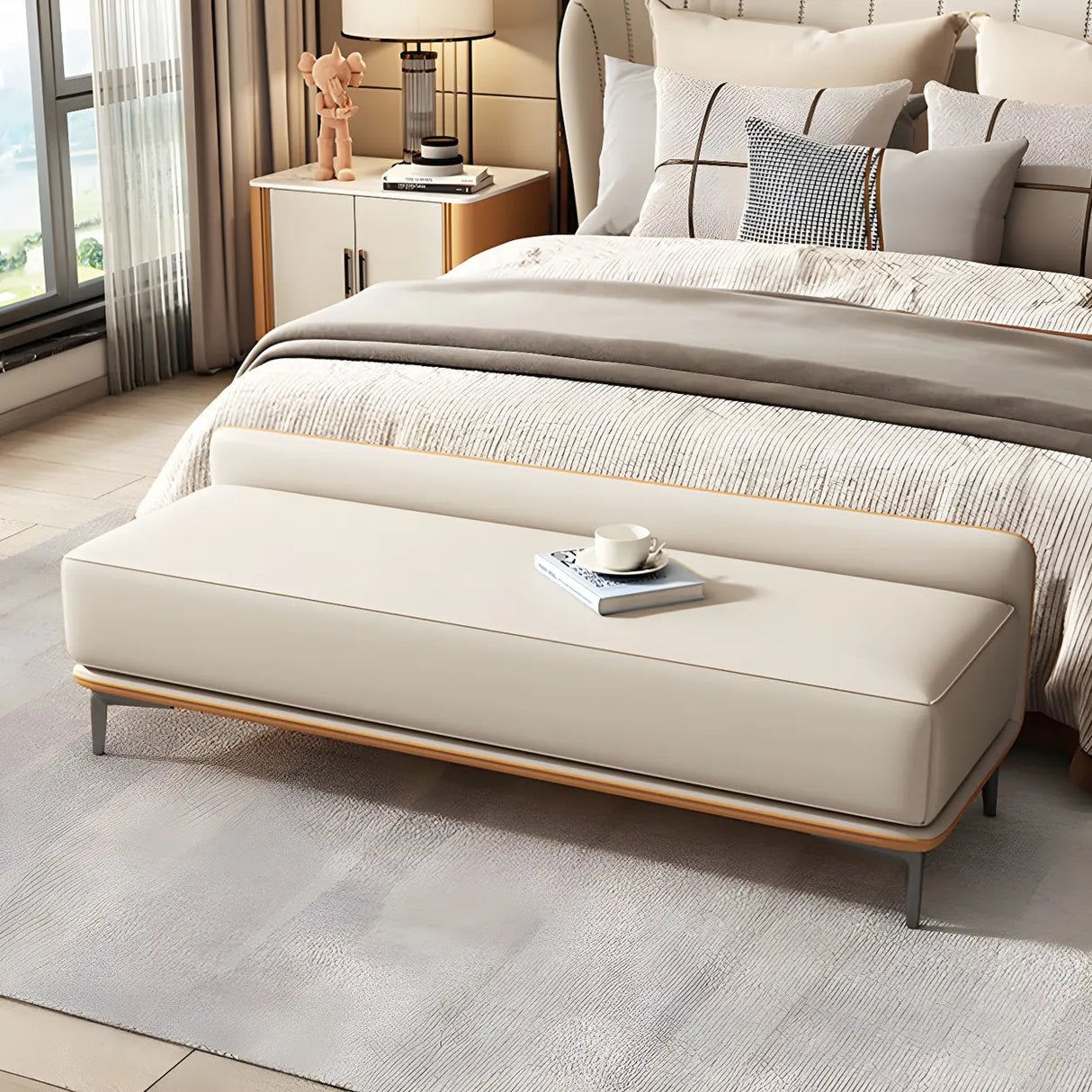 Light Gray Faux Leather Upholstered Bedroom Bench Image - 6