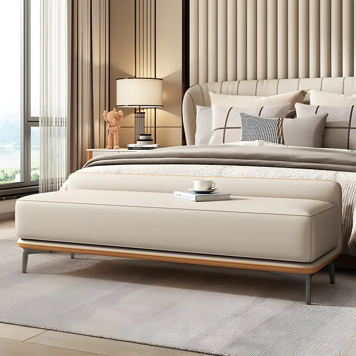 Light Gray Faux Leather Upholstered Bedroom Bench Image - 7