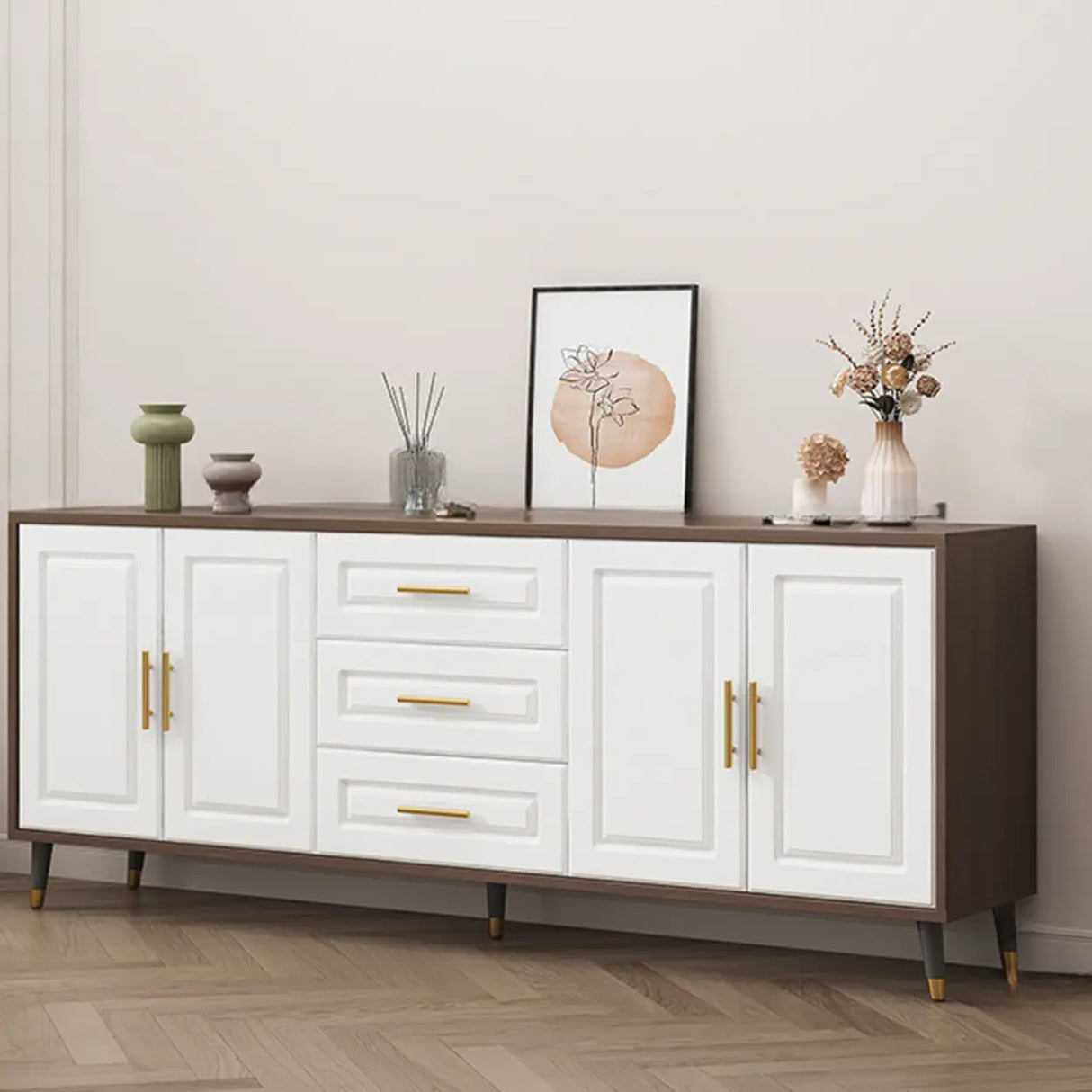 Light Walnut Wood Rectangular Drawers Cabinet TV Stand Image - 10