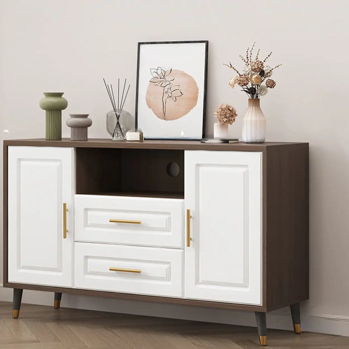 Light Walnut Wood Rectangular Drawers Cabinet TV Stand Image - 11