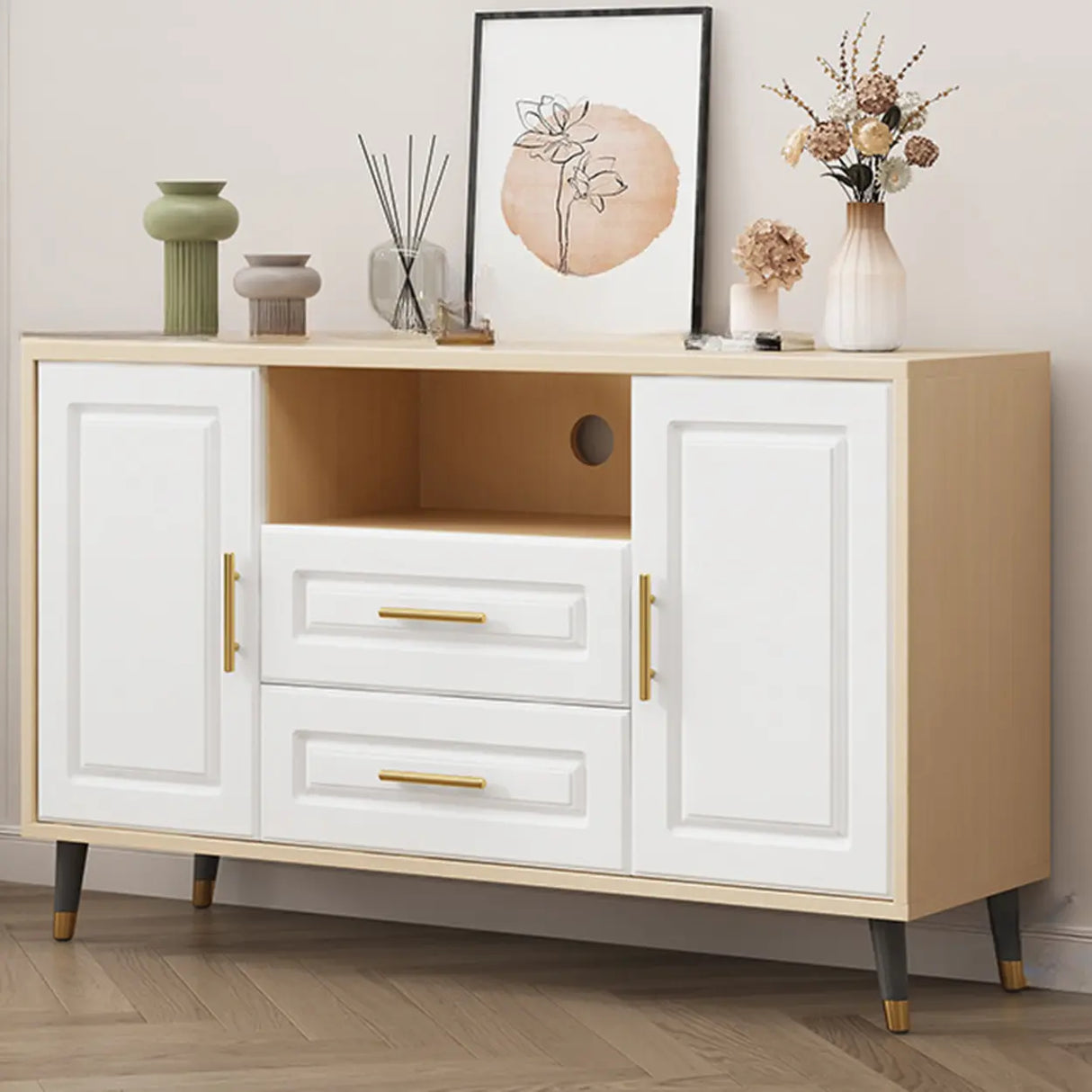 Light Walnut Wood Rectangular Drawers Cabinet TV Stand Image - 13