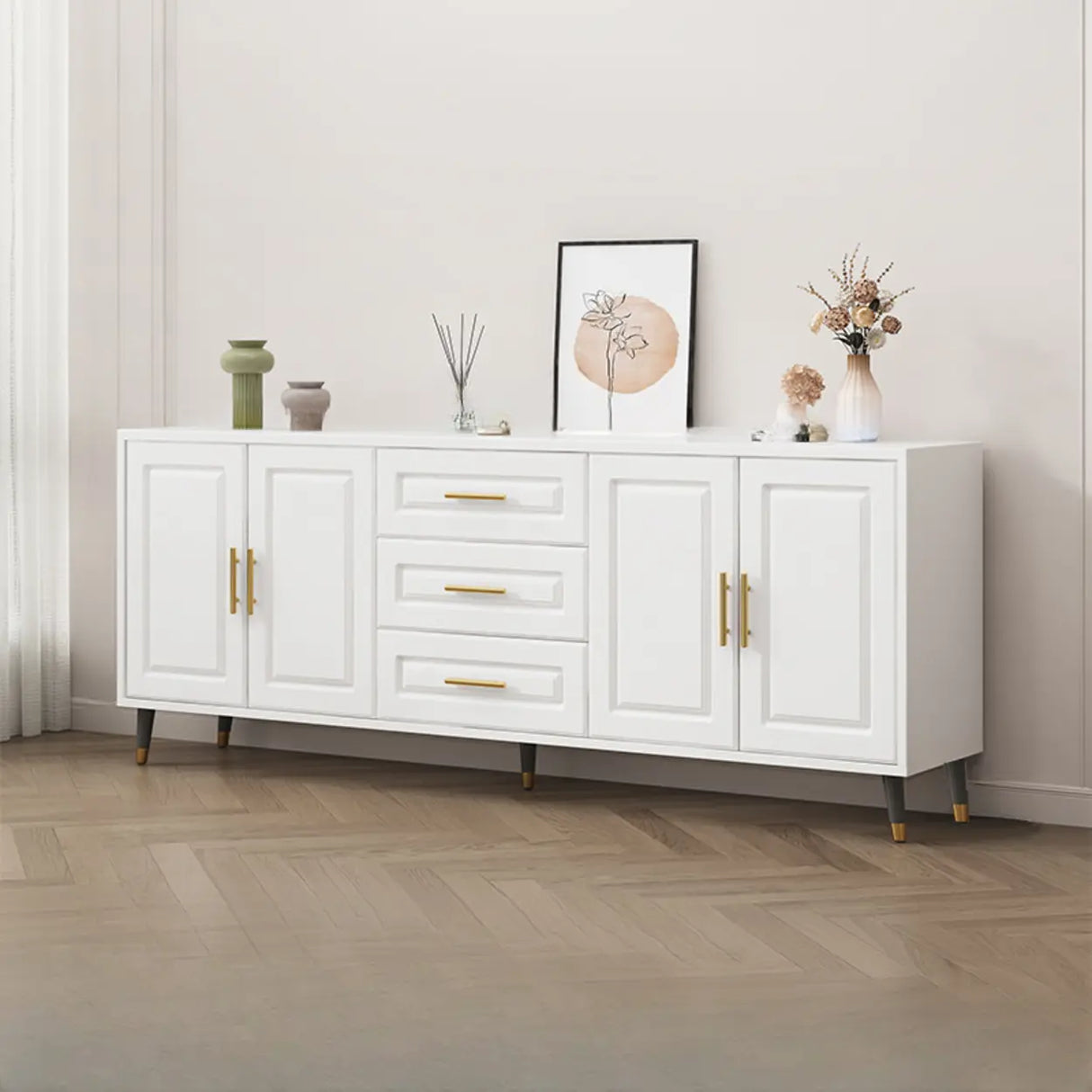 Light Walnut Wood Rectangular Drawers Cabinet TV Stand Image - 15