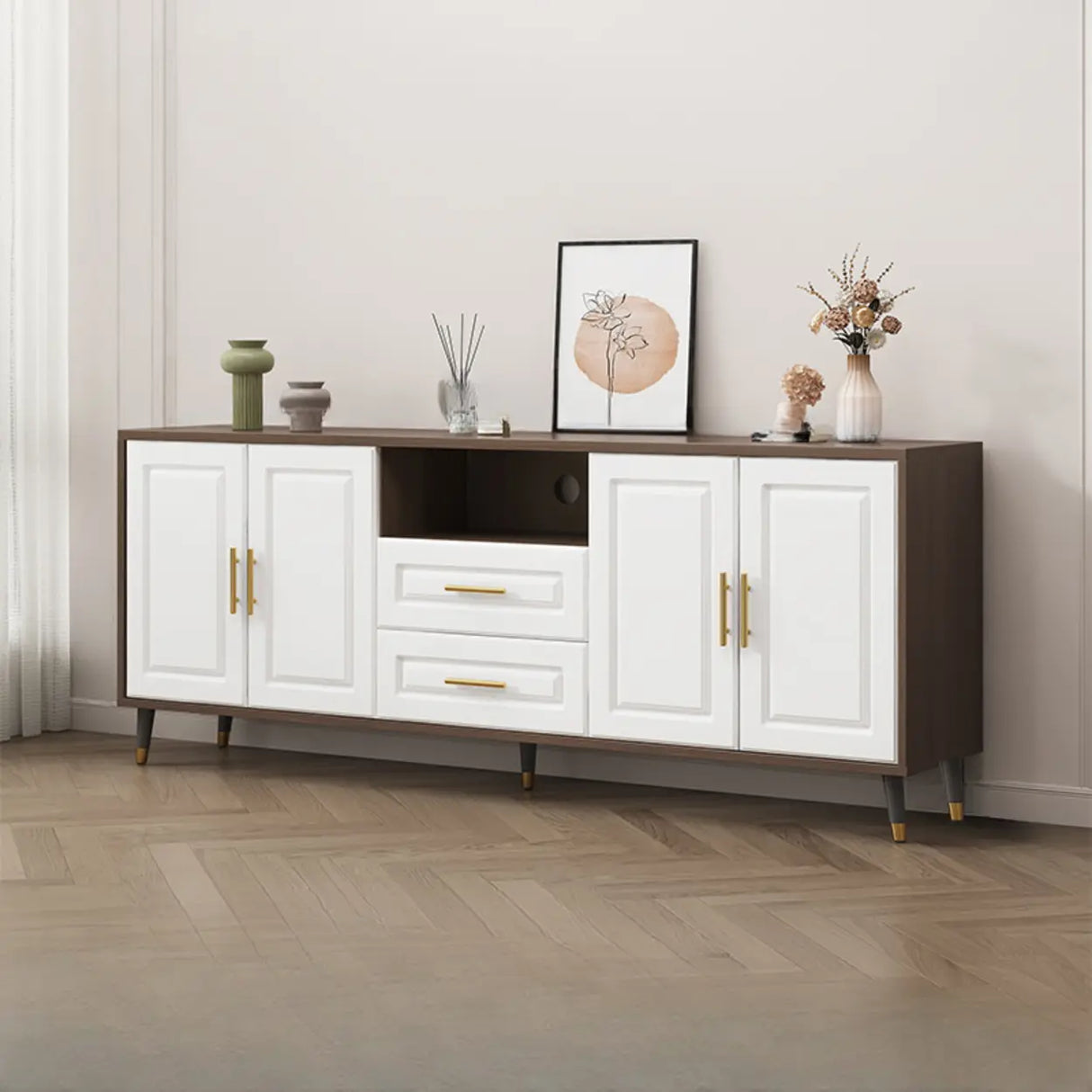 Light Walnut Wood Rectangular Drawers Cabinet TV Stand Image - 16