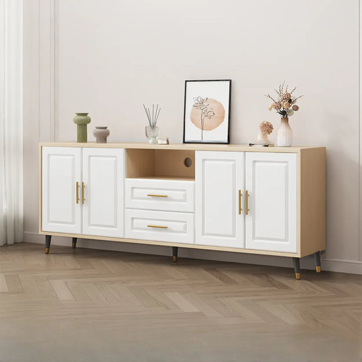 Light Walnut Wood Rectangular Drawers Cabinet TV Stand Image - 17