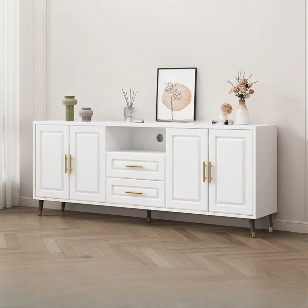 Light Walnut Wood Rectangular Drawers Cabinet TV Stand Image - 18