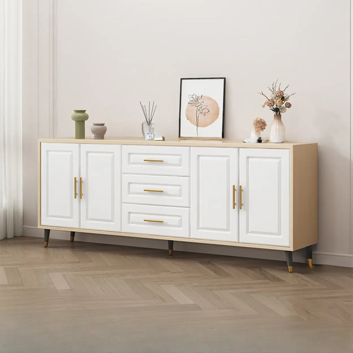 Light Walnut Wood Rectangular Drawers Cabinet TV Stand Image - 19