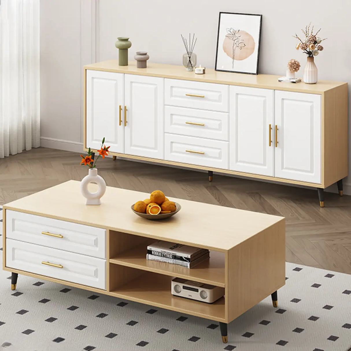 Light Walnut Wood Rectangular Drawers Cabinet TV Stand Image - 1