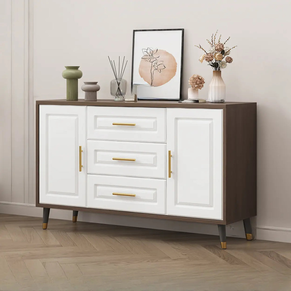 Light Walnut Wood Rectangular Drawers Cabinet TV Stand Image - 20