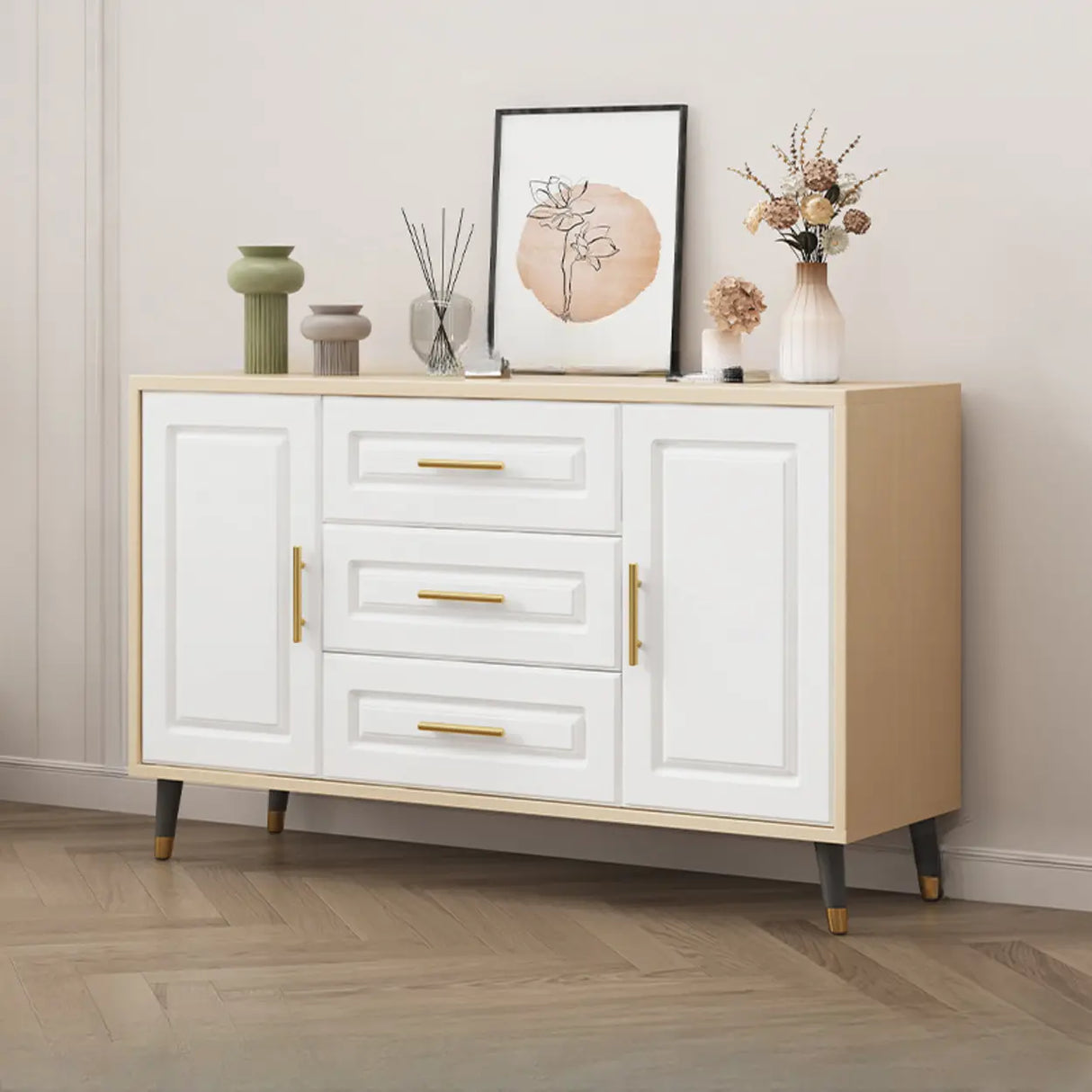 Light Walnut Wood Rectangular Drawers Cabinet TV Stand Image - 22