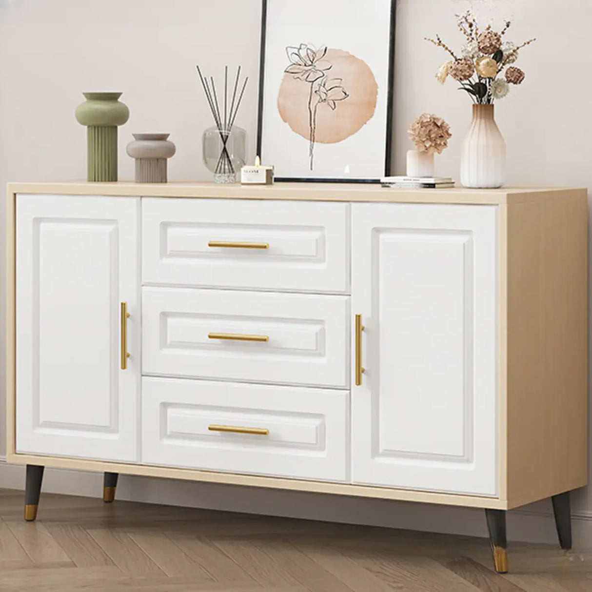 Light Walnut Wood Rectangular Drawers Cabinet TV Stand Image - 3