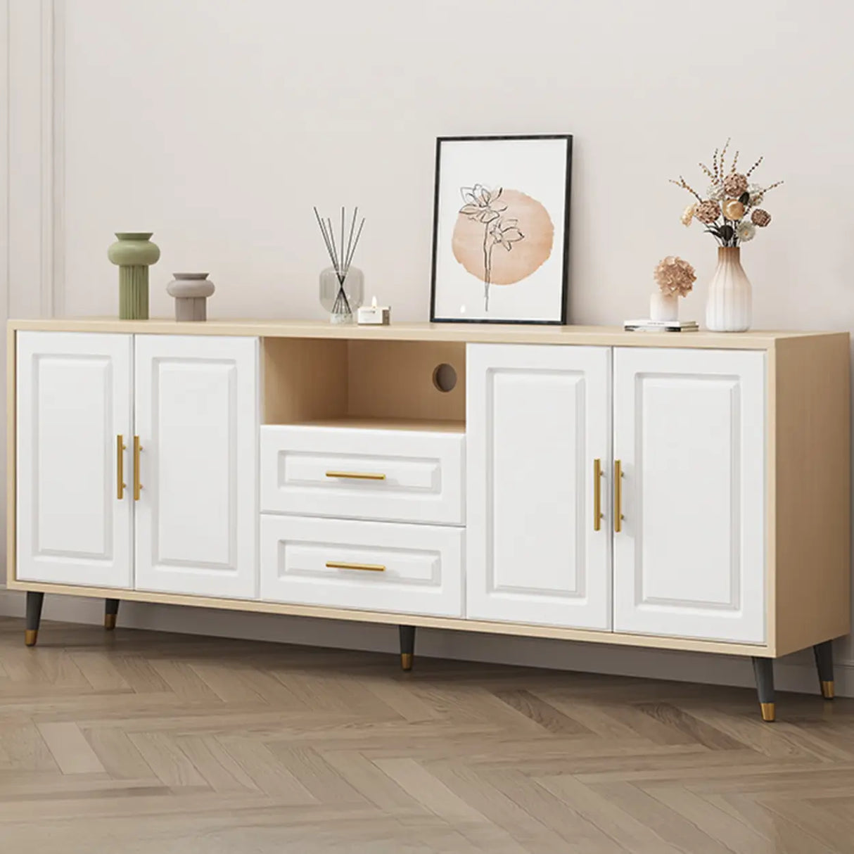 Light Walnut Wood Rectangular Drawers Cabinet TV Stand Image - 4