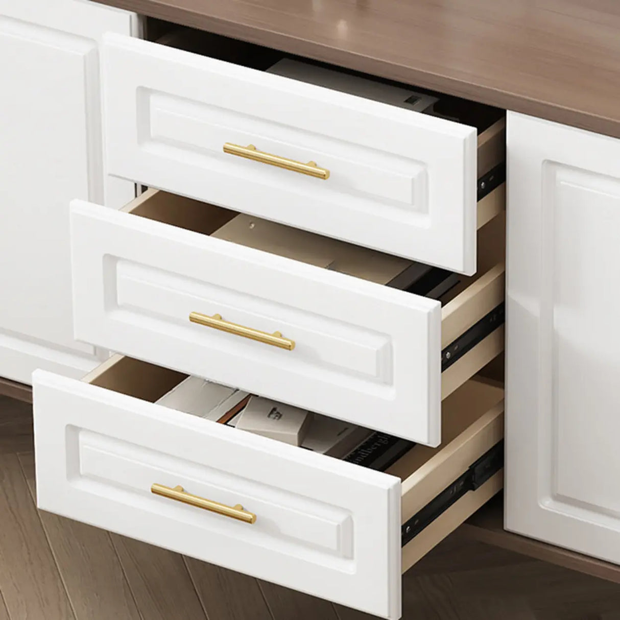 Light Walnut Wood Rectangular Drawers Cabinet TV Stand Image - 6