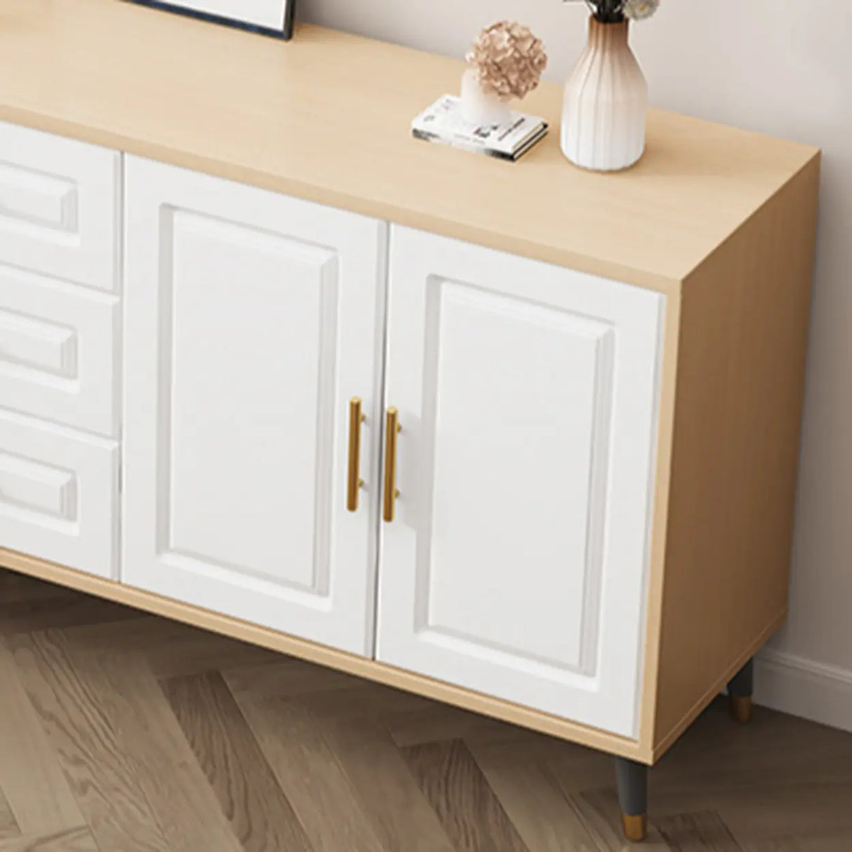 Light Walnut Wood Rectangular Drawers Cabinet TV Stand Image - 7