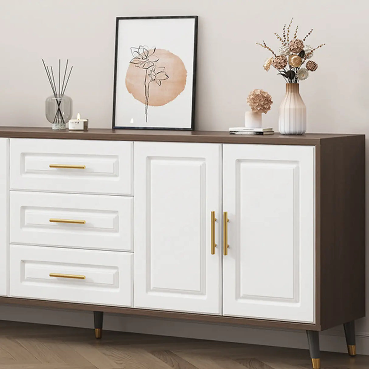 Light Walnut Wood Rectangular Drawers Cabinet TV Stand Image - 9