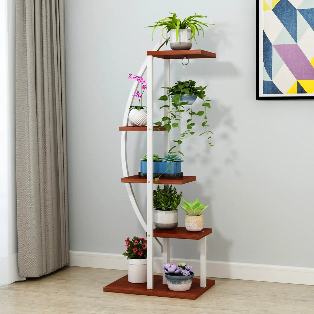 Living Room 4 Tiers Curved Wooden Storage Plant Stand Image - 3