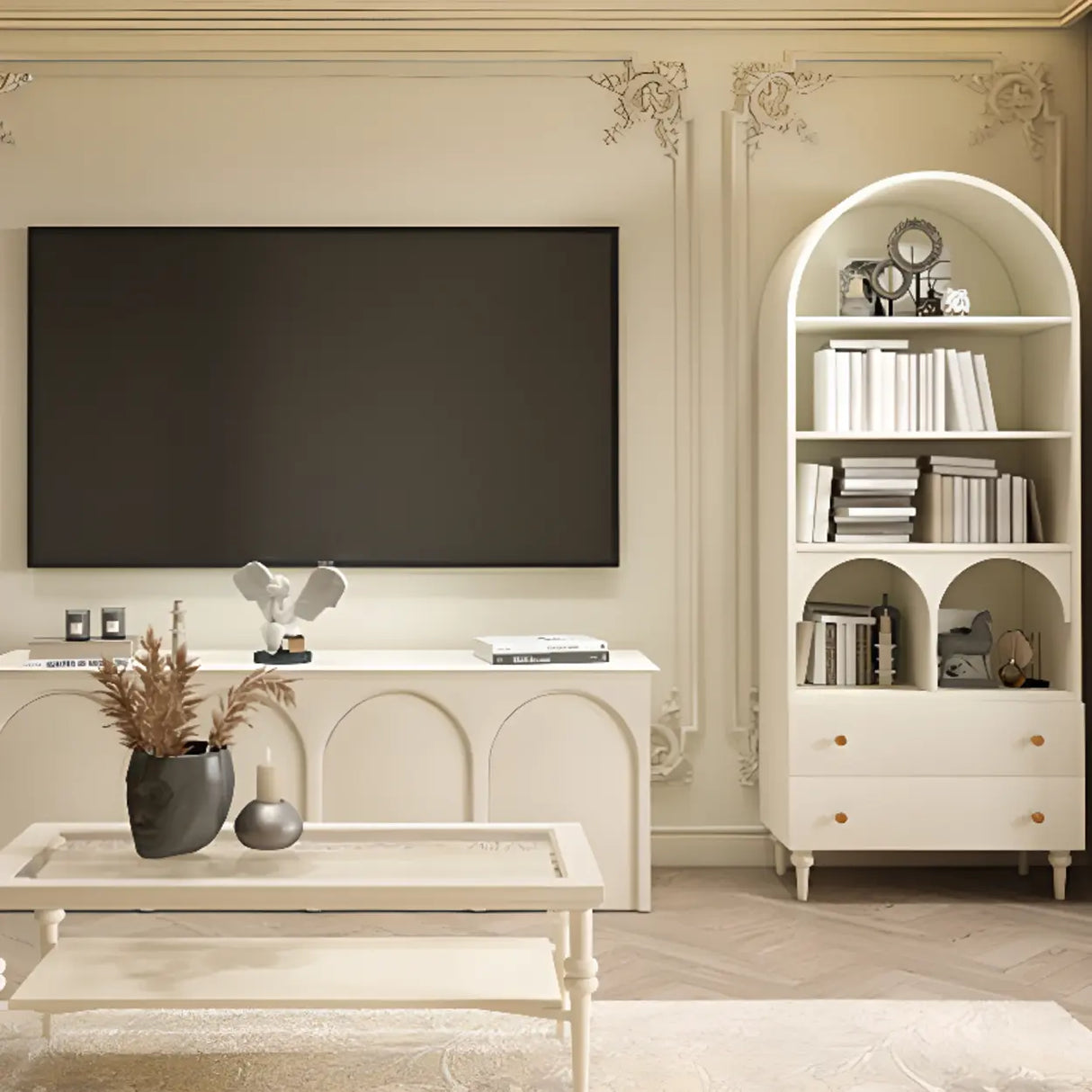 Living Room Arched Glass Storage Display Cabinet White Image - 2