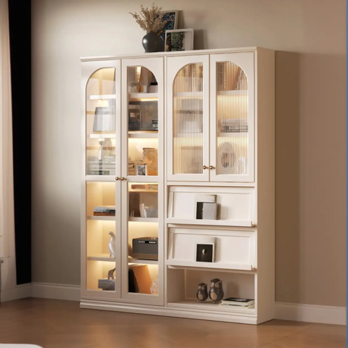 Living Room Arched Glass White Large Display Cabinet Image - 1