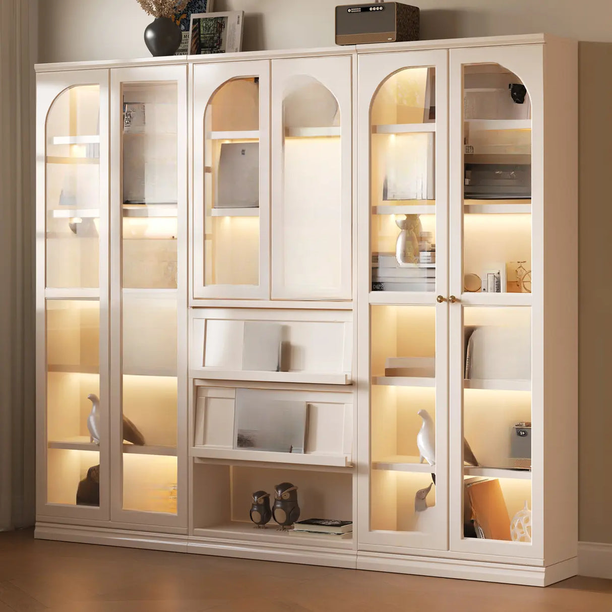 Living Room Arched Glass White Large Display Cabinet Image - 2