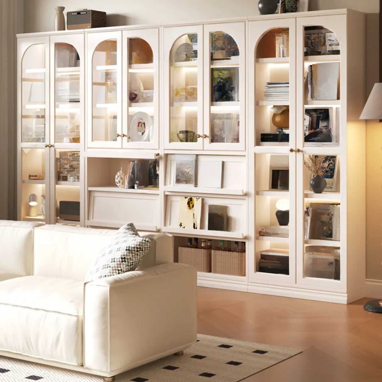 Living Room Arched Glass White Large Display Cabinet Image - 5