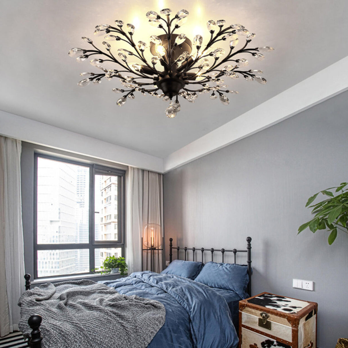 Living Room Black Crystal Branch Semi-Flush Mount Light Image - 15