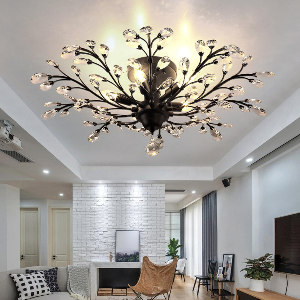 Living Room Black Crystal Branch Semi-Flush Mount Light Image - 4