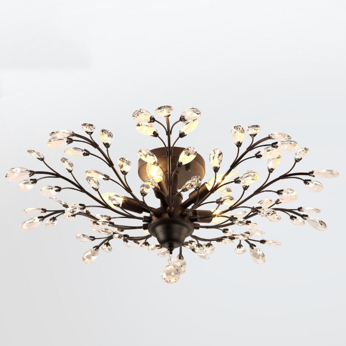 Living Room Black Crystal Branch Semi-Flush Mount Light Image - 5