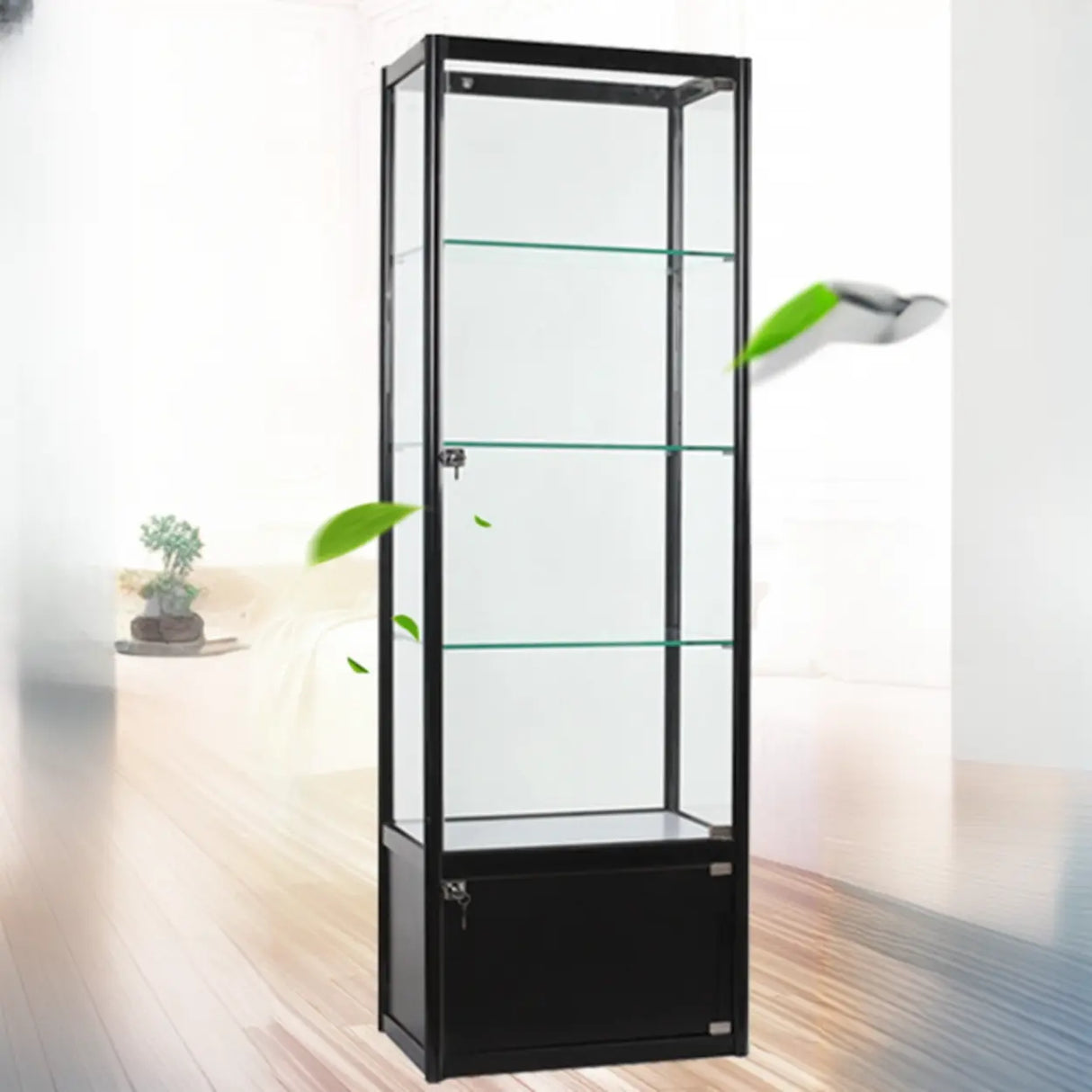 Living Room Black Metal Clear Glass Display Cabinet Image - 4