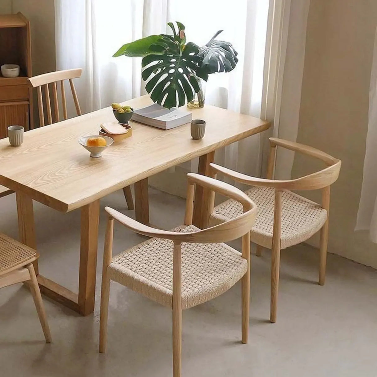 Living Room Braided Rope Open Wood Dining Chair Beige Image - 1