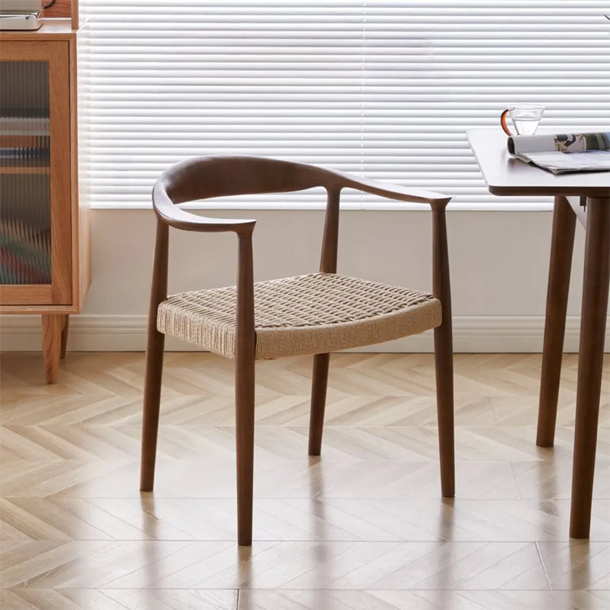 Living Room Braided Rope Open Wood Dining Chair Beige Image - 14