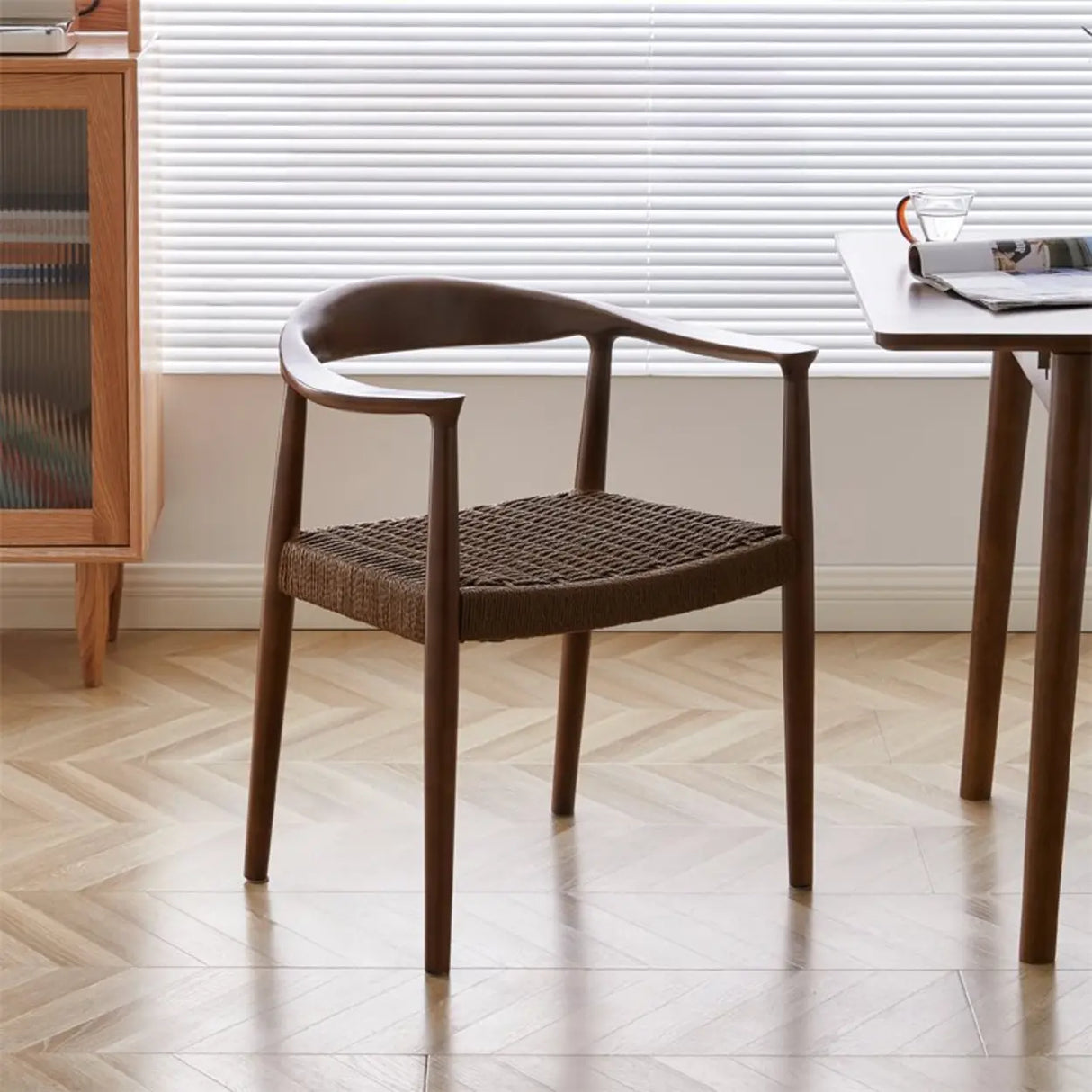 Living Room Braided Rope Open Wood Dining Chair Beige Image - 16