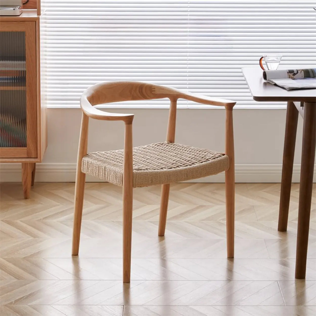 Living Room Braided Rope Open Wood Dining Chair Beige Image - 17