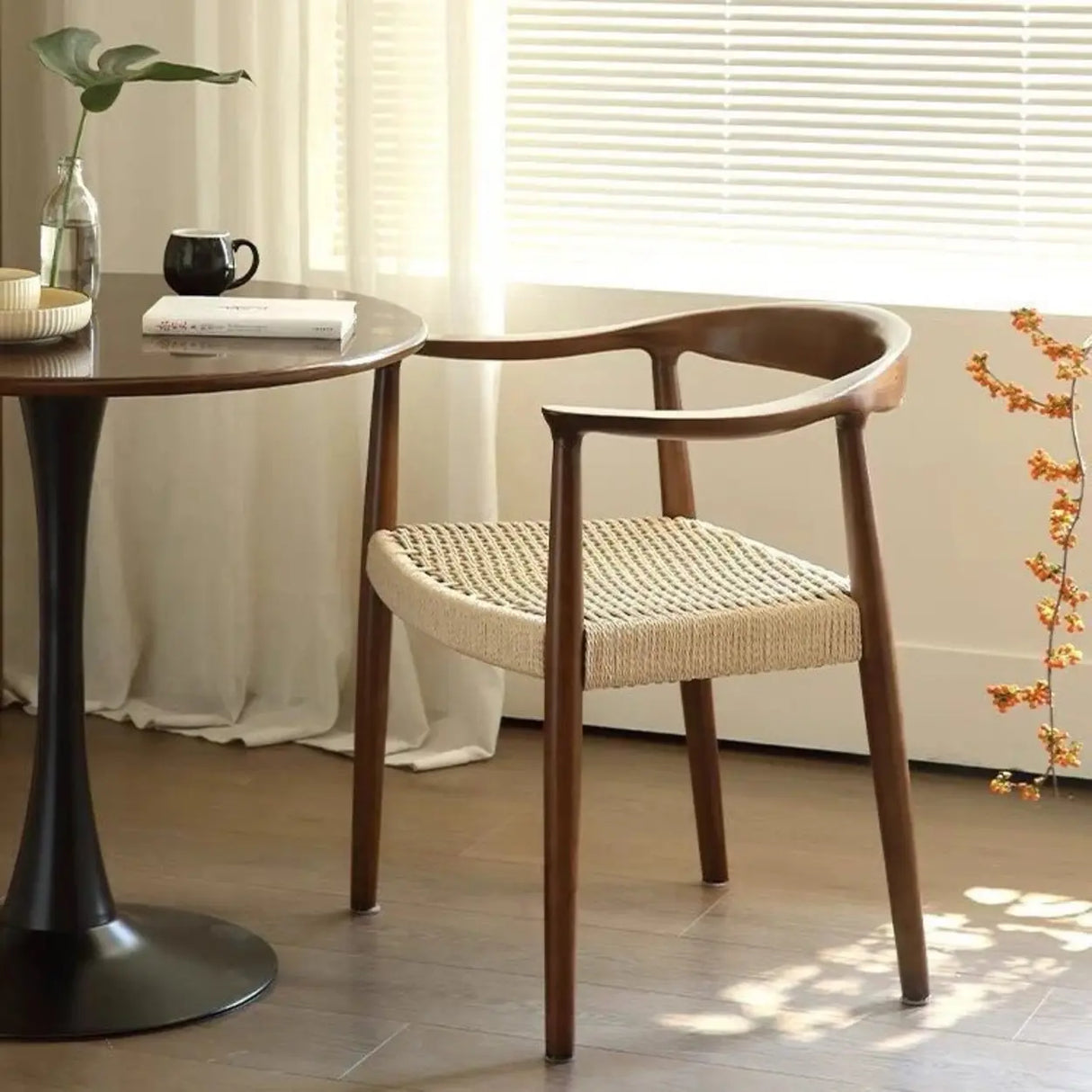 Living Room Braided Rope Open Wood Dining Chair Beige Image - 2