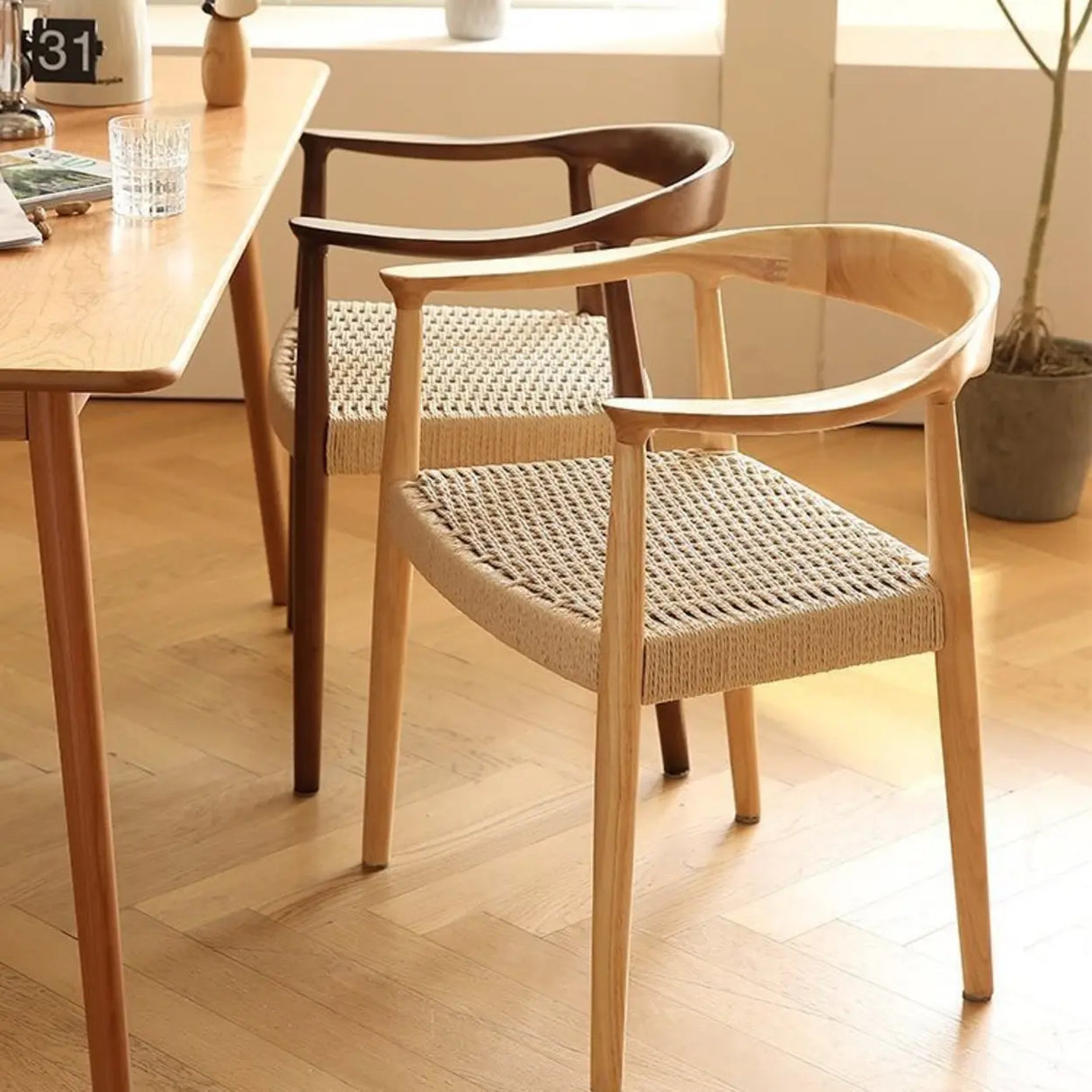 Living Room Braided Rope Open Wood Dining Chair Beige Image - 3