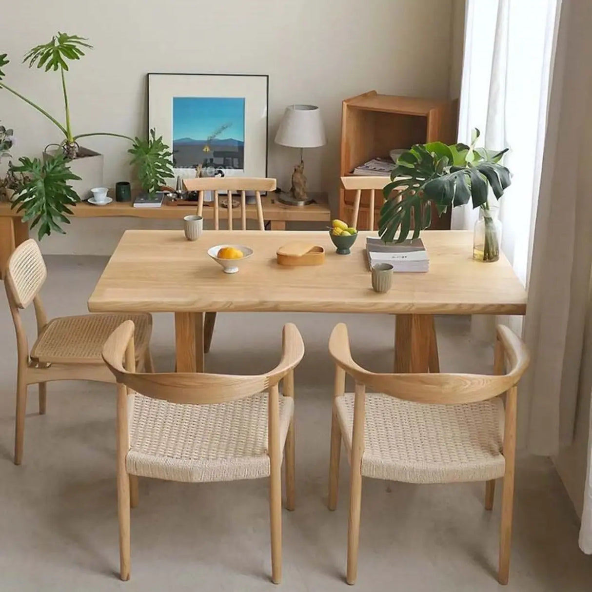 Living Room Braided Rope Open Wood Dining Chair Beige Image - 4