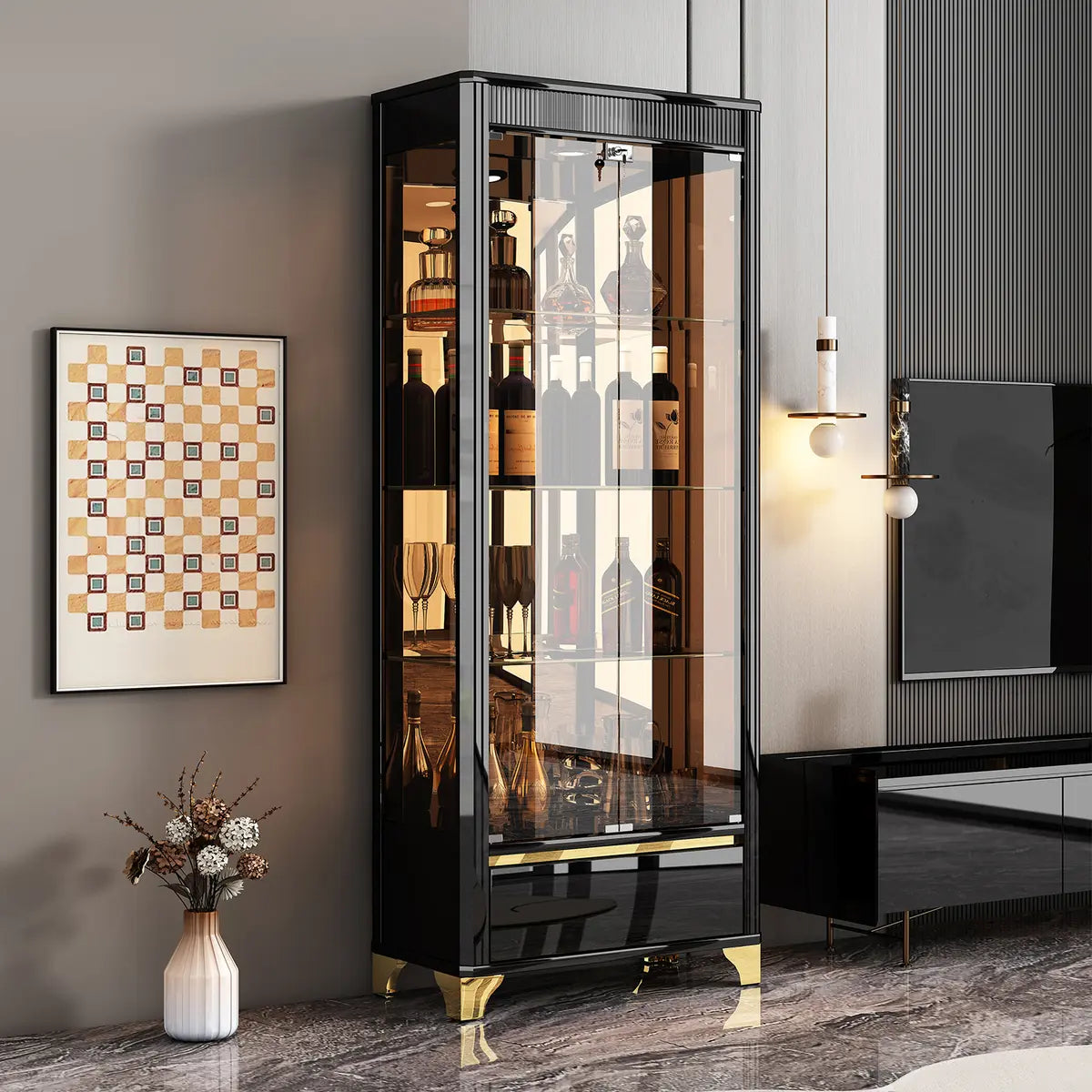 Living Room Clear Glass Large Display Wine Cabinet Black Image - 1