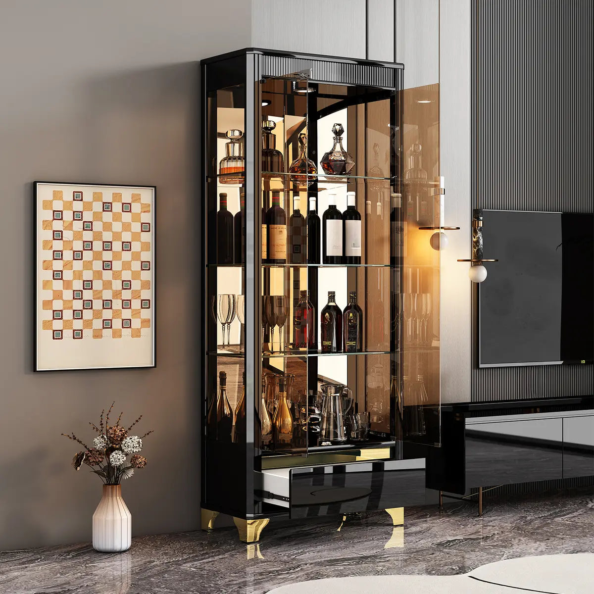 Living Room Clear Glass Large Display Wine Cabinet Black Image - 4