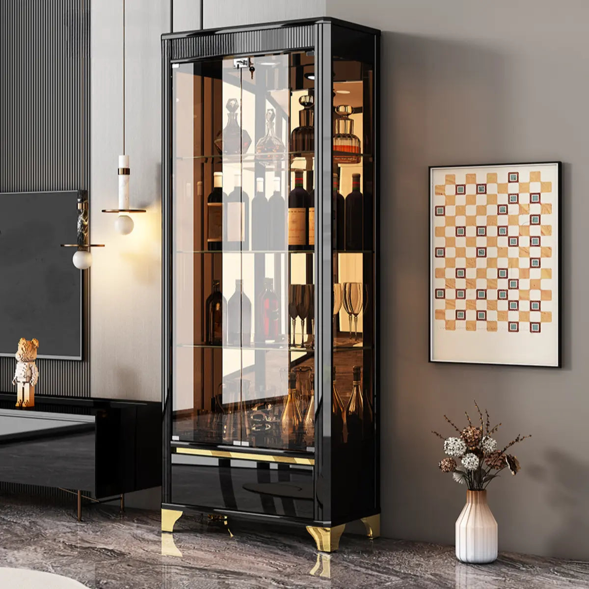 Living Room Clear Glass Large Display Wine Cabinet Black Image - 5