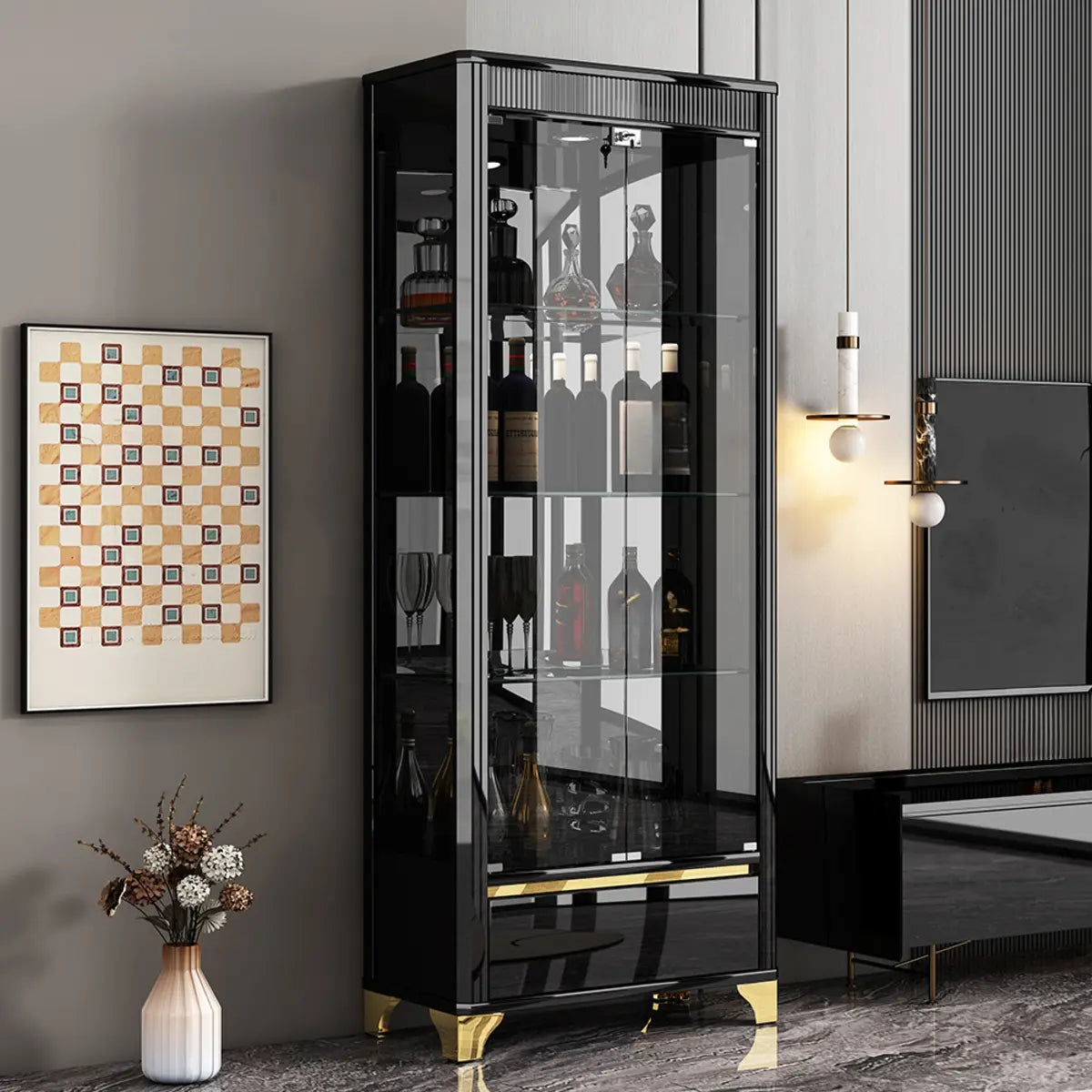 Living Room Clear Glass Large Display Wine Cabinet Black Image - 8