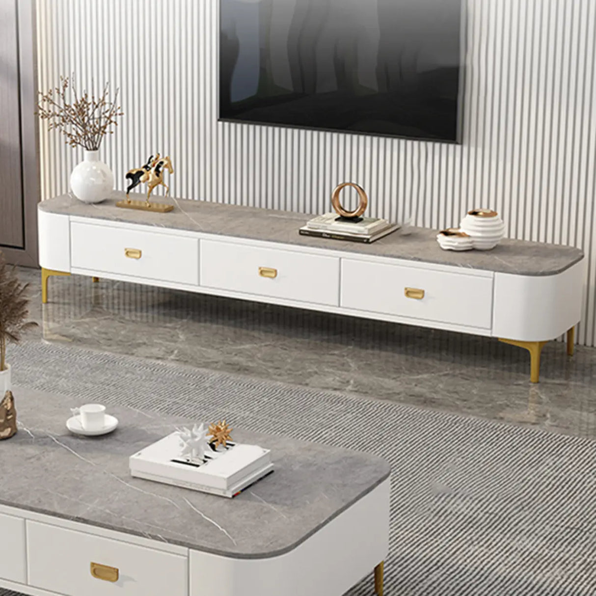 Living Room Glam White Glass TV Stand with Legs Image - 10