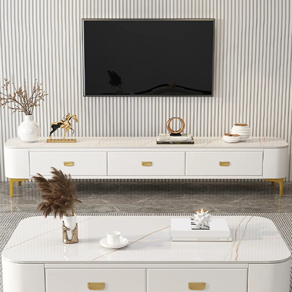 Living Room Glam White Glass TV Stand with Legs Image - 11