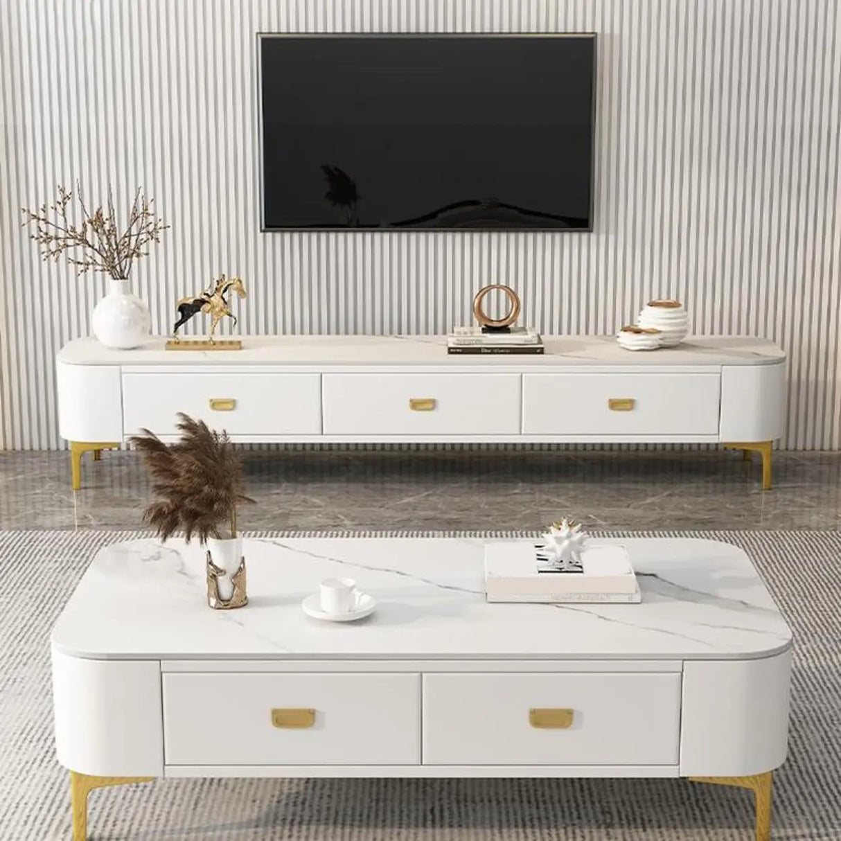 Living Room Glam White Glass TV Stand with Legs Image - 1