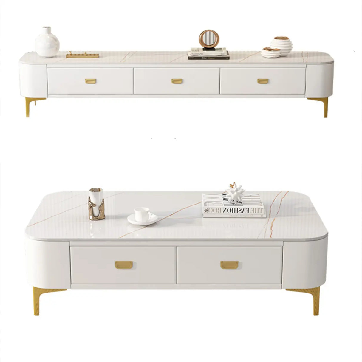 Living Room Glam White Glass TV Stand with Legs Image - 5