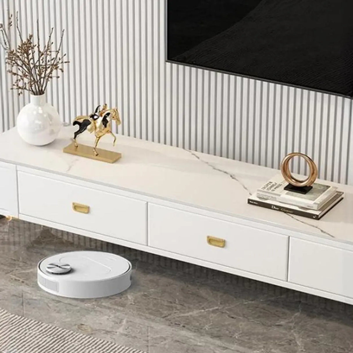 Living Room Glam White Glass TV Stand with Legs Image - 6