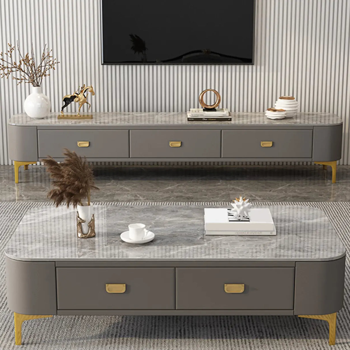 Living Room Glam White Glass TV Stand with Legs Image - 7