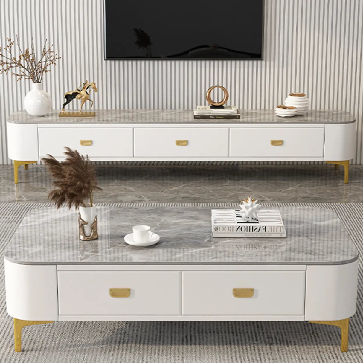 Living Room Glam White Glass TV Stand with Legs Image - 8