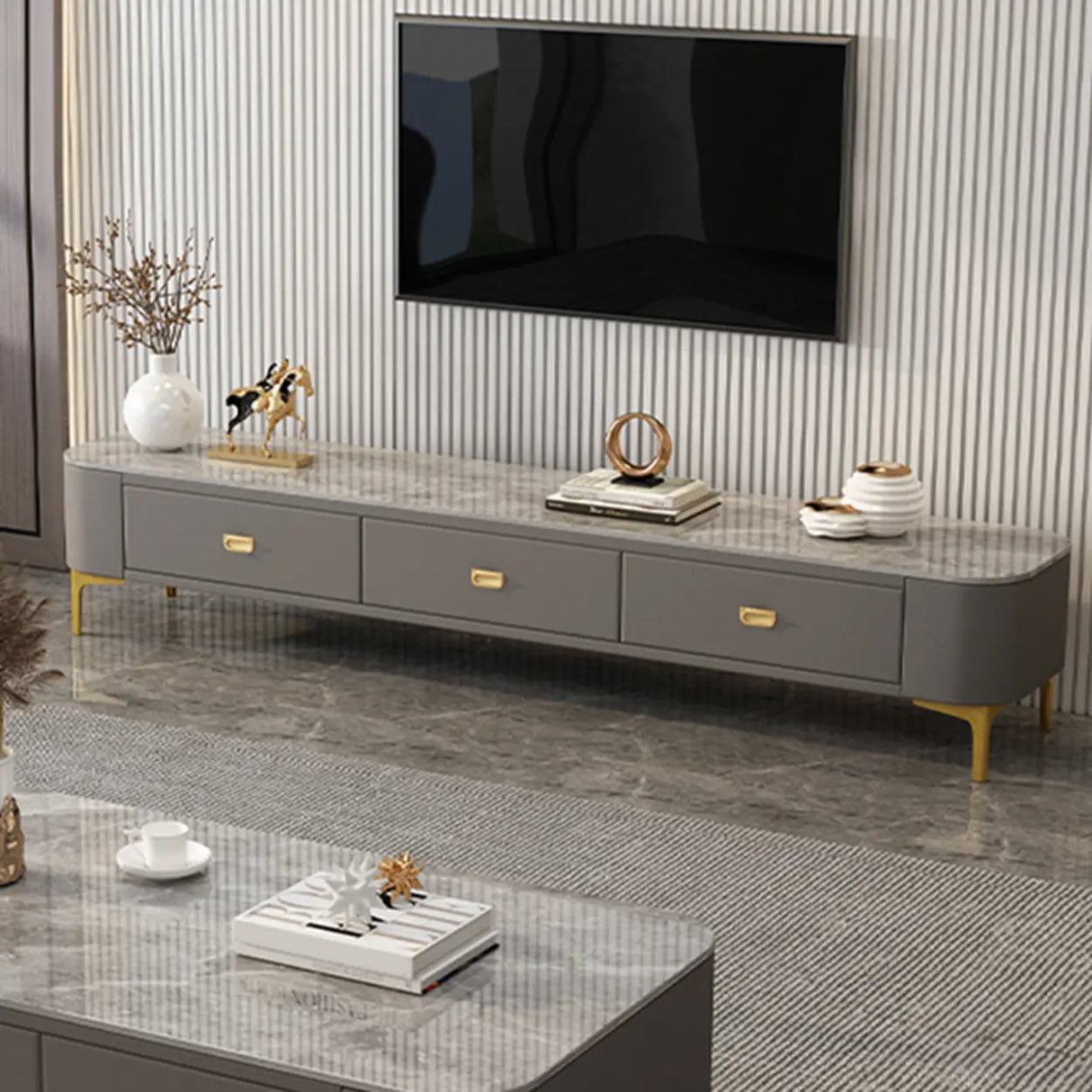 Living Room Glam White Glass TV Stand with Legs Image - 9