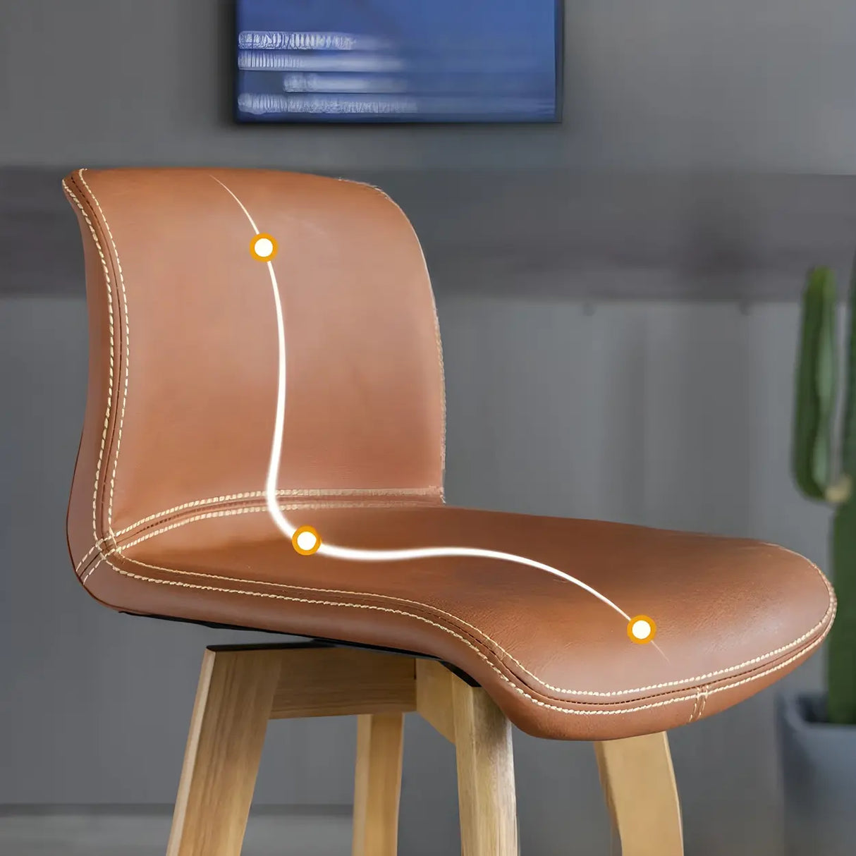 Living Room Leather Saddle Seat Backrest Wood Bar Stool Image - 15