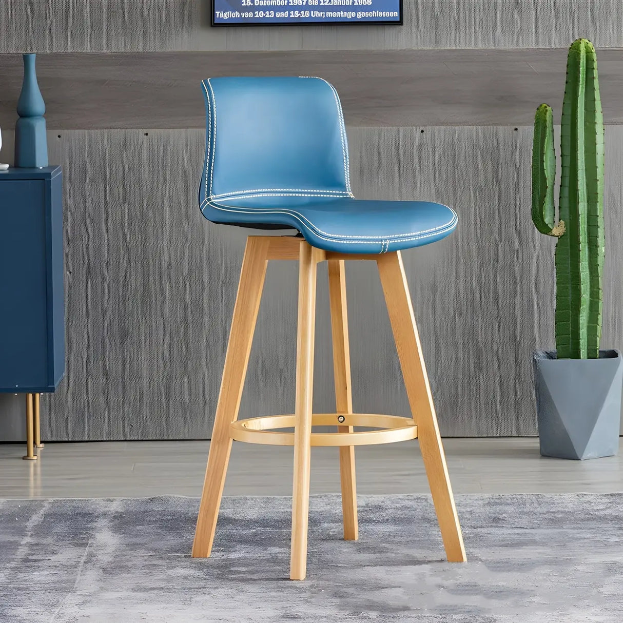 Living Room Leather Saddle Seat Backrest Wood Bar Stool Image - 2