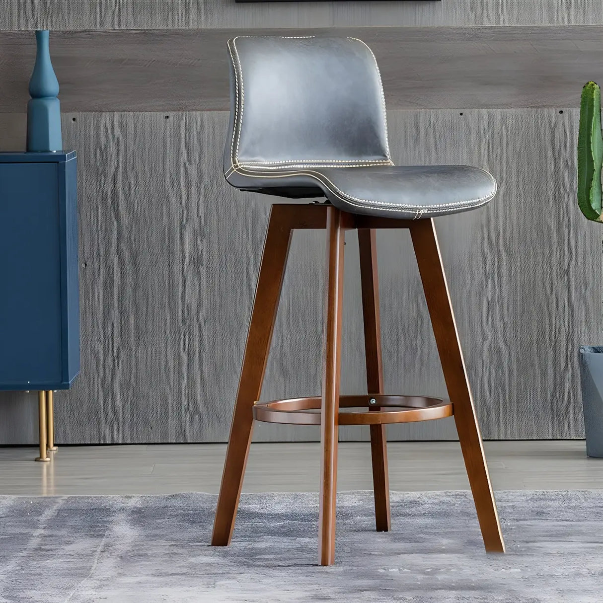 Living Room Leather Saddle Seat Backrest Wood Bar Stool Image - 5